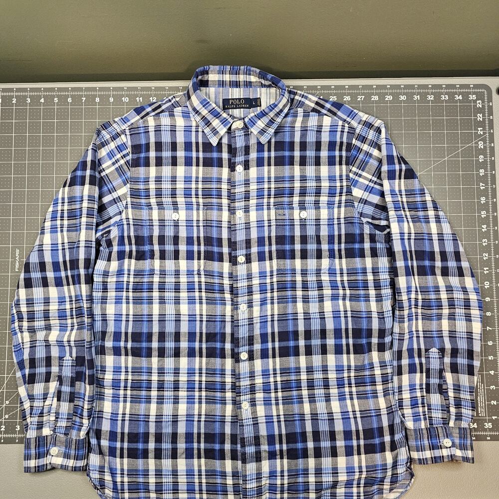 Polo Ralph Lauren Shirt Large Indigo Plaid Blue Pockets Preppy Academia Dadcore